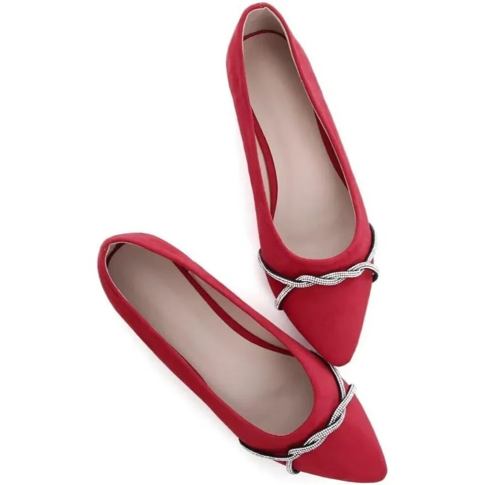 Women's Red Casual Flats Fashion Chain Pointed Toe Ballet Flat Rhinestone